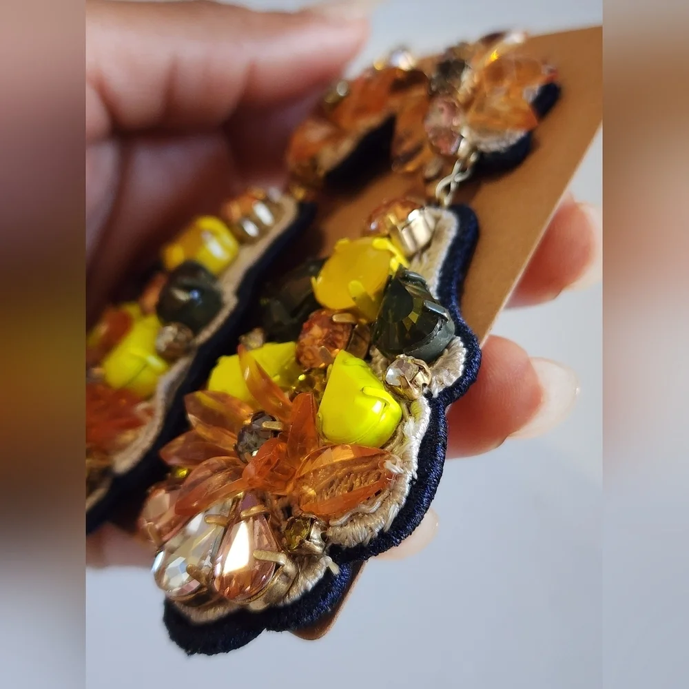 J. Crew NWT Yellow Orange Floral Beaded Rhinestone Stud Earrings